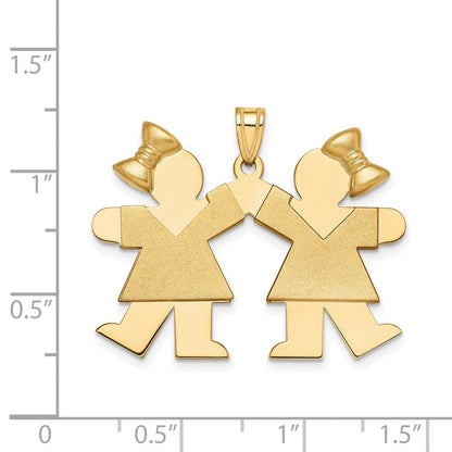 14K Gelbgold Massiver Gravierbarer Großer Charm mit zwei Mädchen mit Schleifen