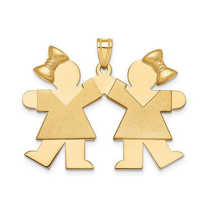 14K Gelbgold Massiver Gravierbarer Großer Charm mit zwei Mädchen mit Schleifen