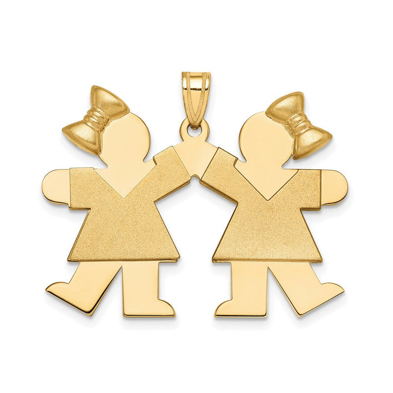 14K Gelbgold Massiver Gravierbarer Großer Charm mit zwei Mädchen mit Schleifen