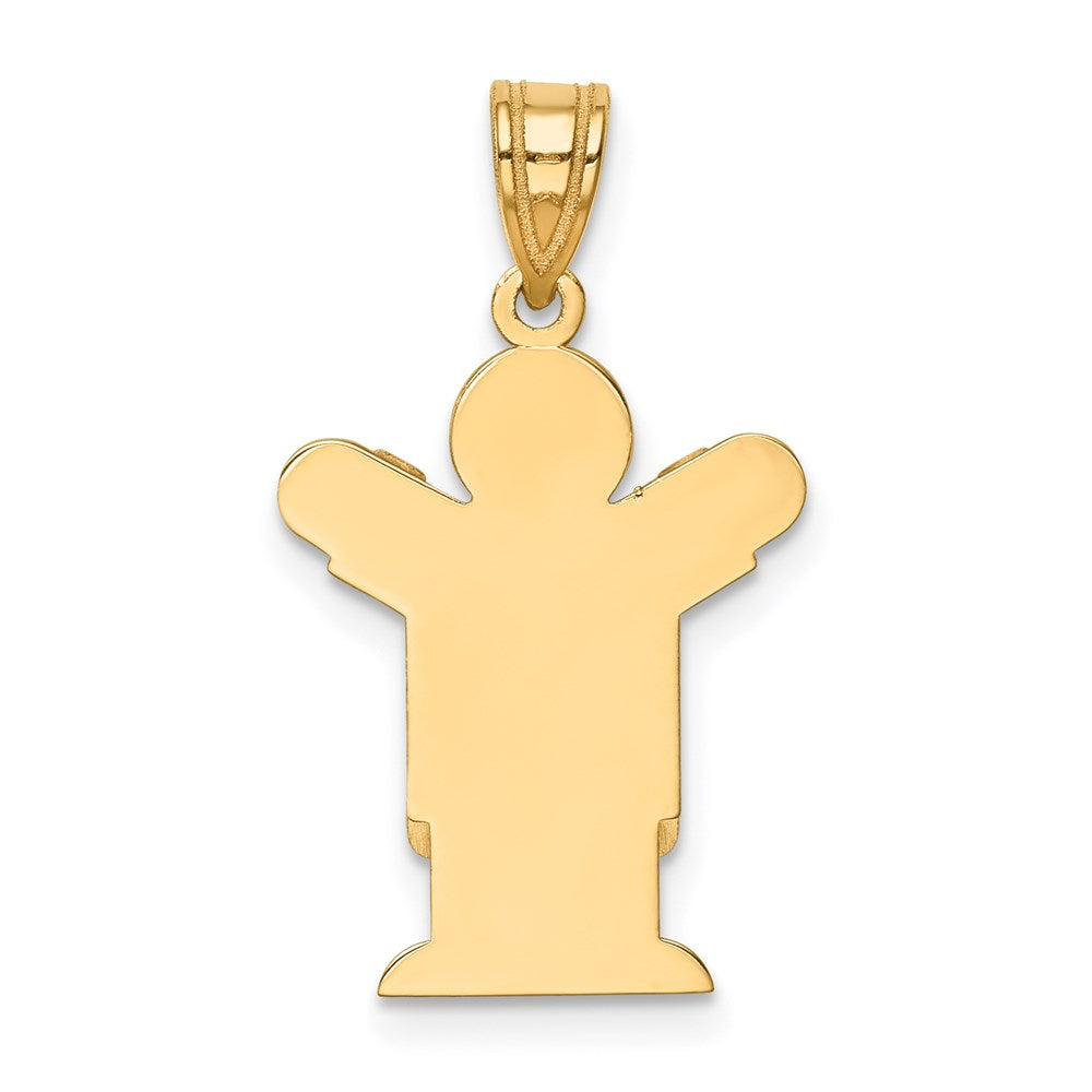 14K Gelbgold massiver satinierter gravierbarer Charm „Junge mit Latzhose“