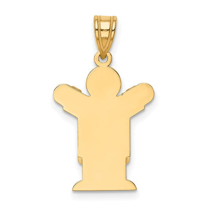 14K Gelbgold massiver satinierter gravierbarer Charm „Junge mit Latzhose“