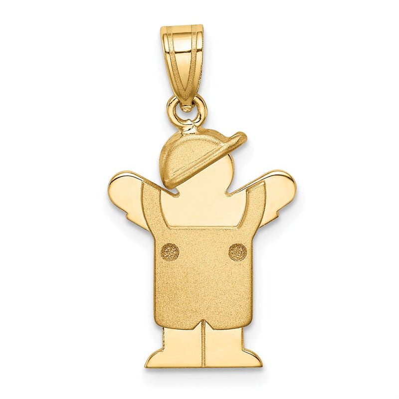14K Gelbgold massiver gravierbarer Junge in Latzhose mit Hut auf der linken Seite Charm