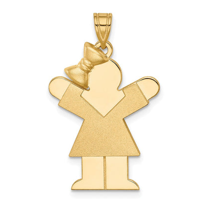 14K Gelbgold massiver gravierbarer Charm „Mädchen mit Schleife links“
