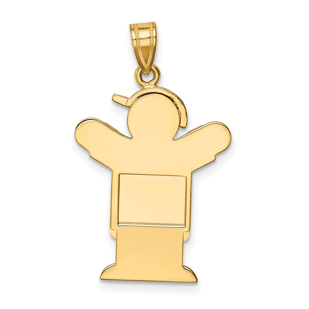 14K Gelbgold massiver gravierbarer Charm „Junge im Overall mit Hut“ (links tragbar)