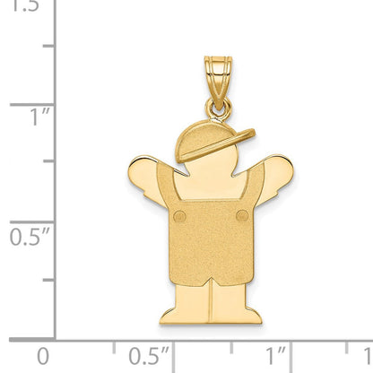 14K Gelbgold massiver gravierbarer Charm „Junge im Overall mit Hut“ (links tragbar)