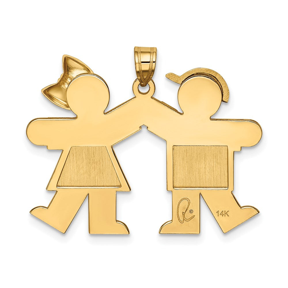 14K Gelbgold massiver gravierbarer Charm mit Junge links und Mädchen rechts