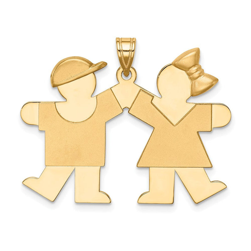 14K Gelbgold massiver gravierbarer Charm mit Junge links und Mädchen rechts