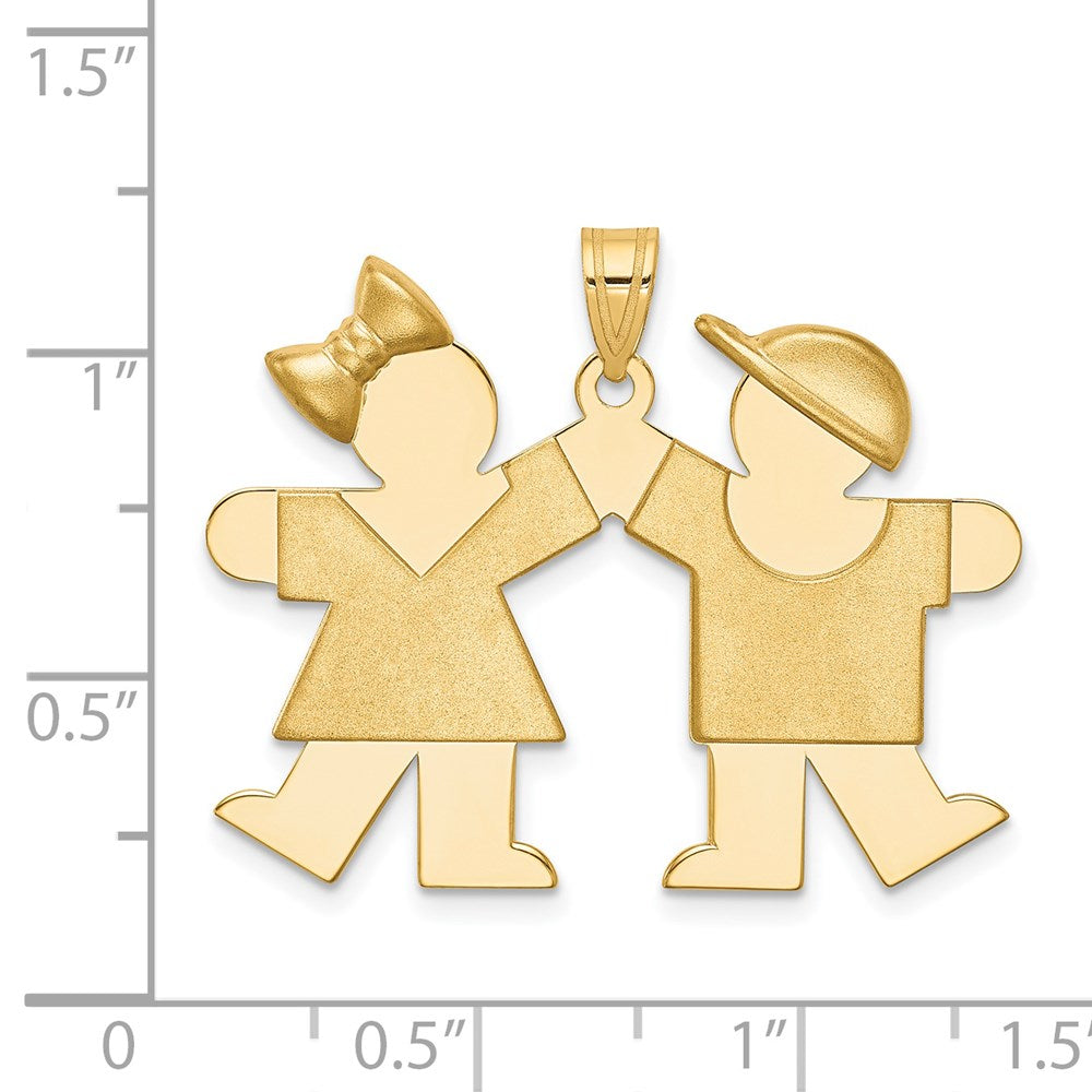 14K Gelbgold Massiver Gravierbarer Charm mit Mädchen links und Junge rechts