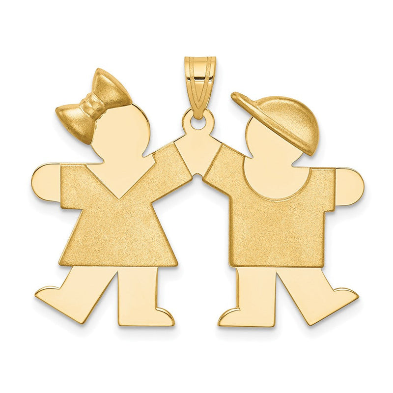 14K Gelbgold Massiver Gravierbarer Charm mit Mädchen links und Junge rechts