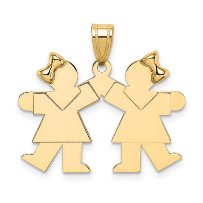14K Gelbgold Massiv Gravierbarer Kleiner Doppel-Charm für Mädchen