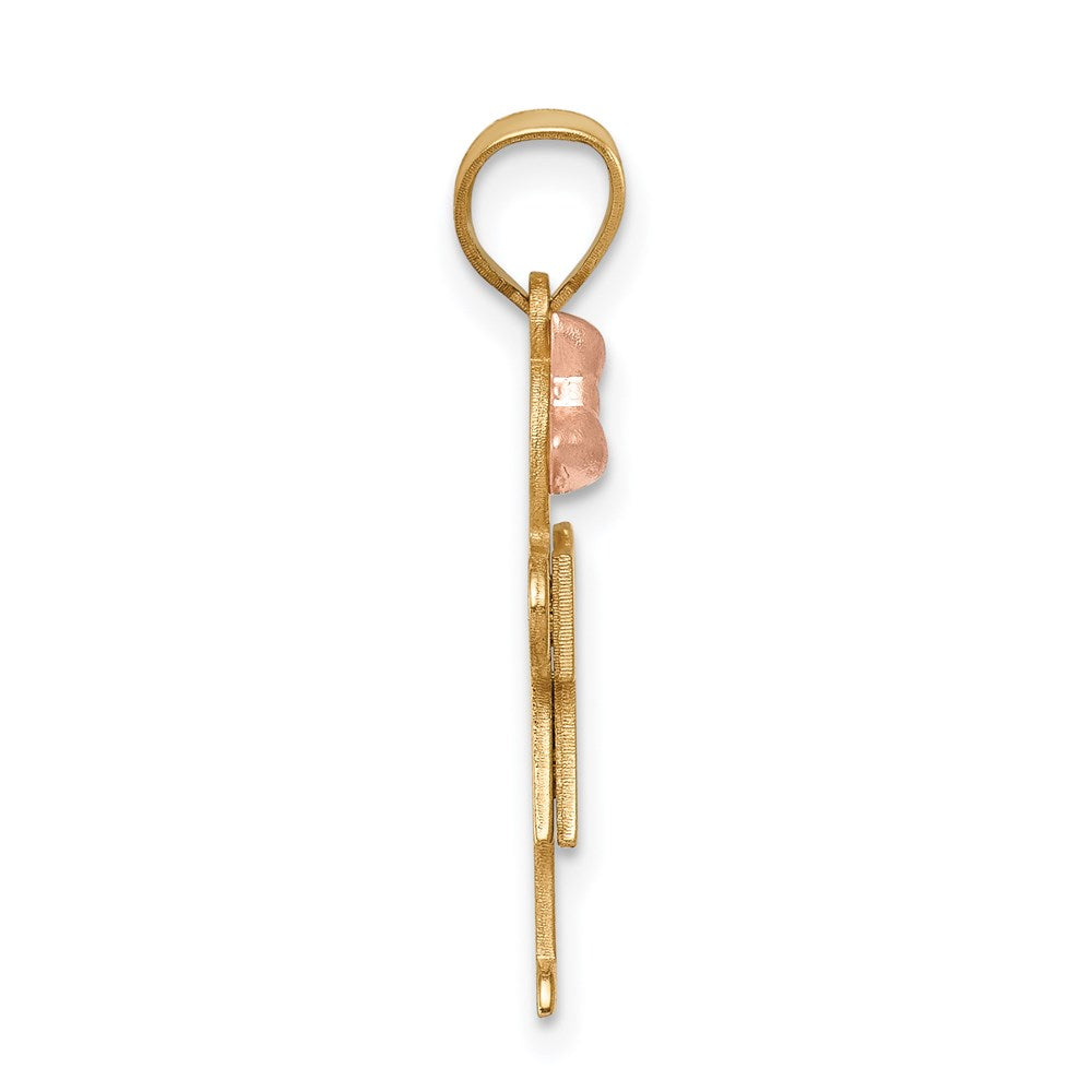 14K Bicolor-Gold kleiner Mädchen-Charm mit Schleife links, gravierbar