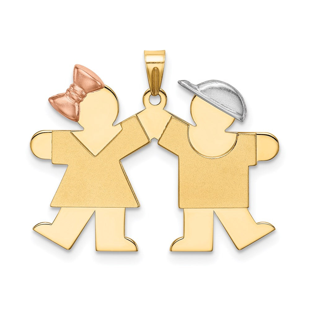 14K Tricolor-Gold Kleiner Charm „Mädchen links, Junge rechts", gravierbar