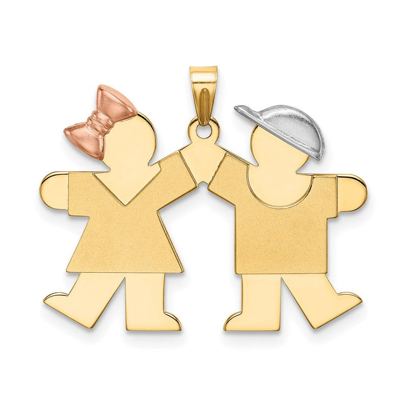 14K Tricolor-Gold Kleiner Charm „Mädchen links, Junge rechts", gravierbar