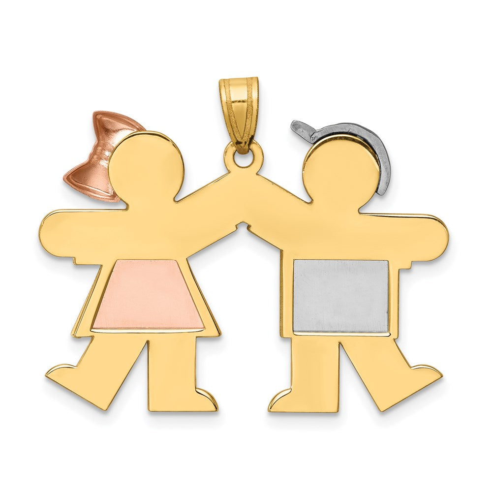 14K Tricolor Gold Großer Junge Links und Mädchen Rechts Gravierbarer Charm