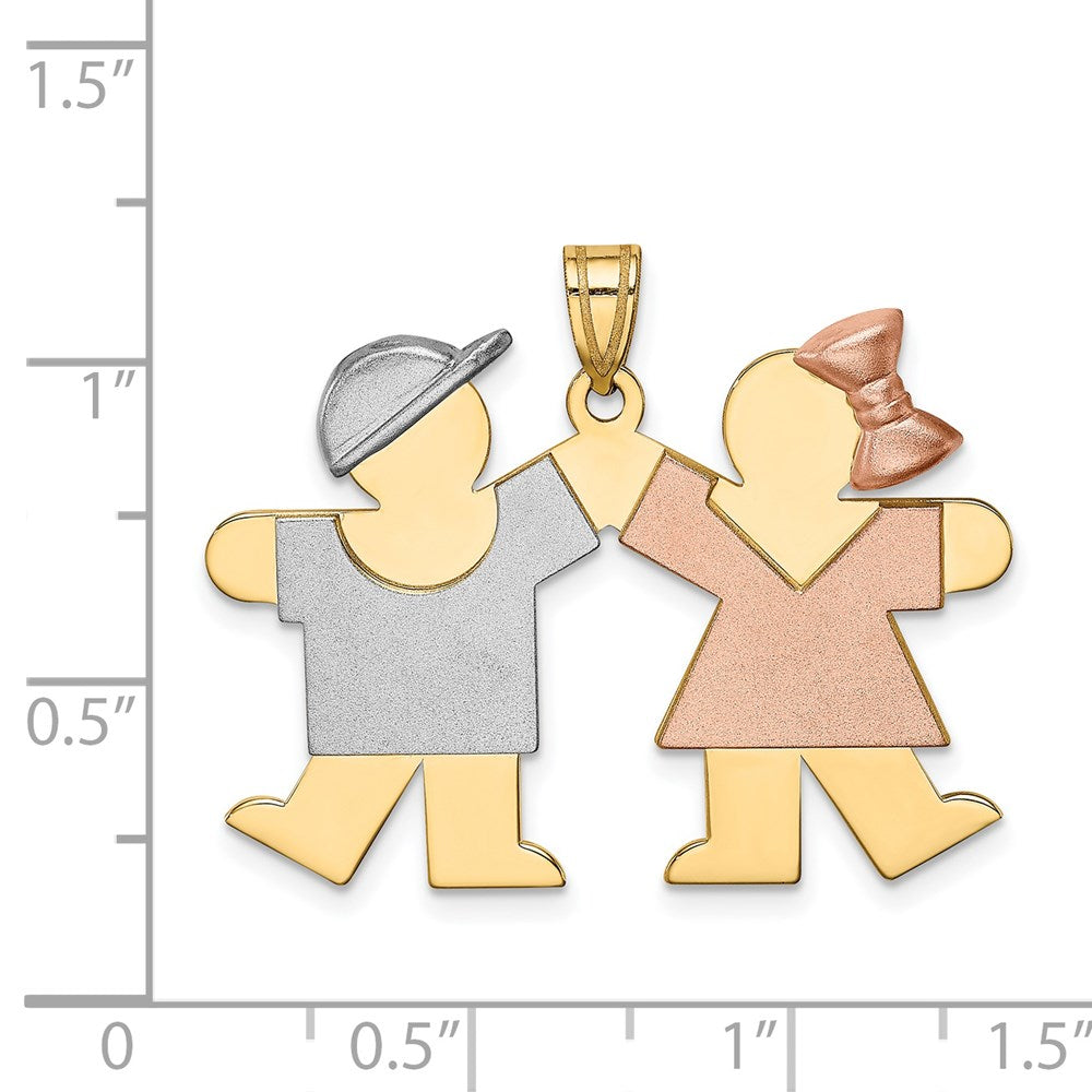 14K Tricolor Gold Großer Junge Links und Mädchen Rechts Gravierbarer Charm