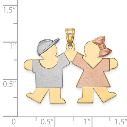 14K Tricolor Gold Großer Junge Links und Mädchen Rechts Gravierbarer Charm