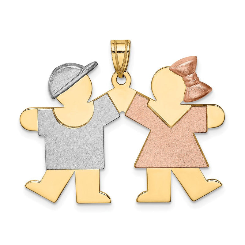 14K Tricolor Gold Großer Junge Links und Mädchen Rechts Gravierbarer Charm