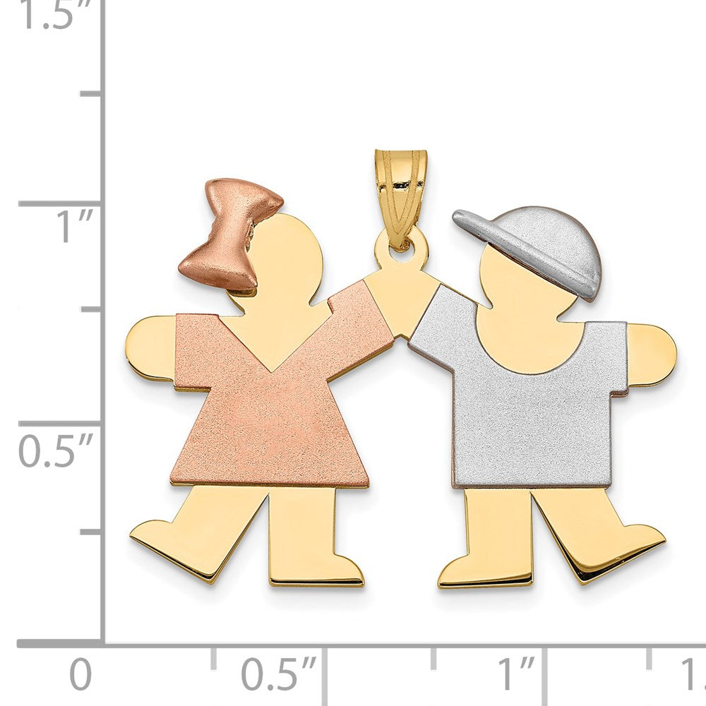 Großer Charm aus 14K Tricolor-Gold „Mädchen links und Junge rechts" zum Gravieren
