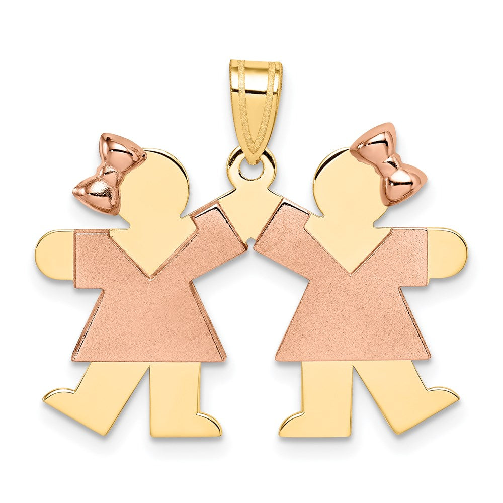 14K Bicolor-Gold Kleiner Gravierbarer Doppel-Mädchen-Charm