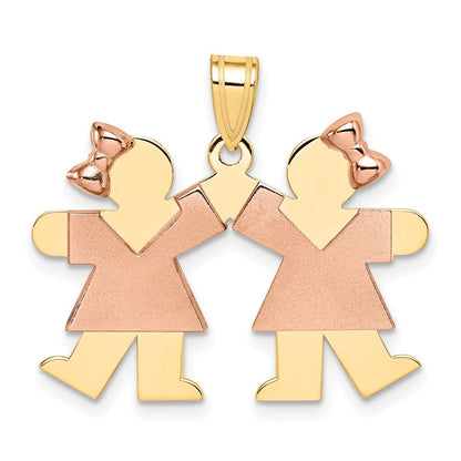 14K Bicolor-Gold Kleiner Gravierbarer Doppel-Mädchen-Charm