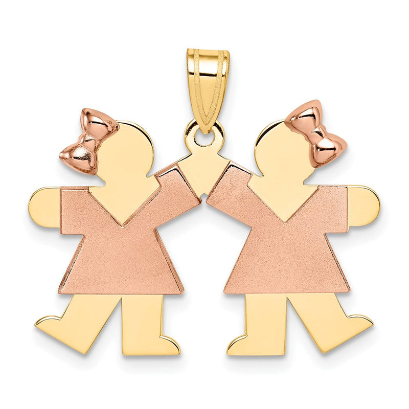14K Bicolor-Gold Kleiner Gravierbarer Doppel-Mädchen-Charm