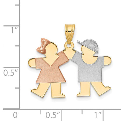 14K Tricolor-Gold Kleiner Charm mit Mädchen links und Junge rechts, gravierbar