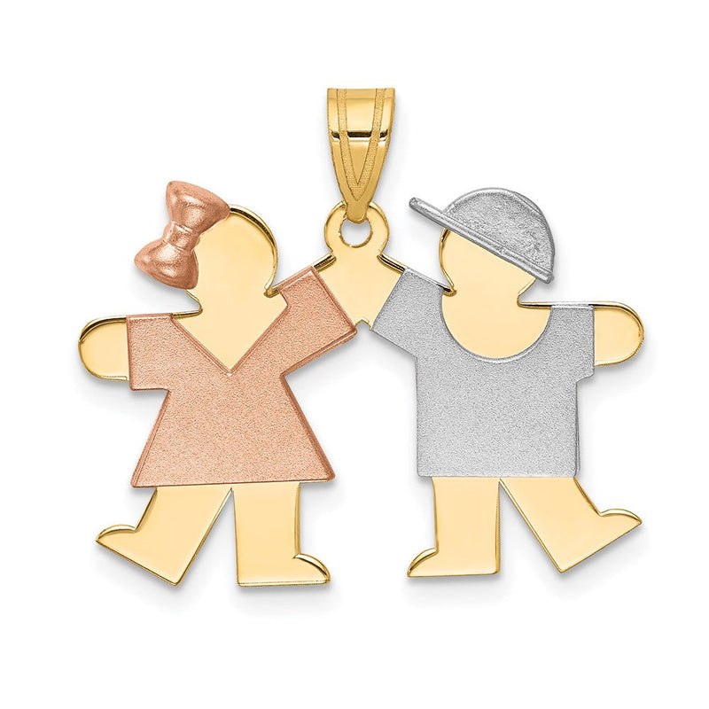 14K Tricolor-Gold Kleiner Charm mit Mädchen links und Junge rechts, gravierbar