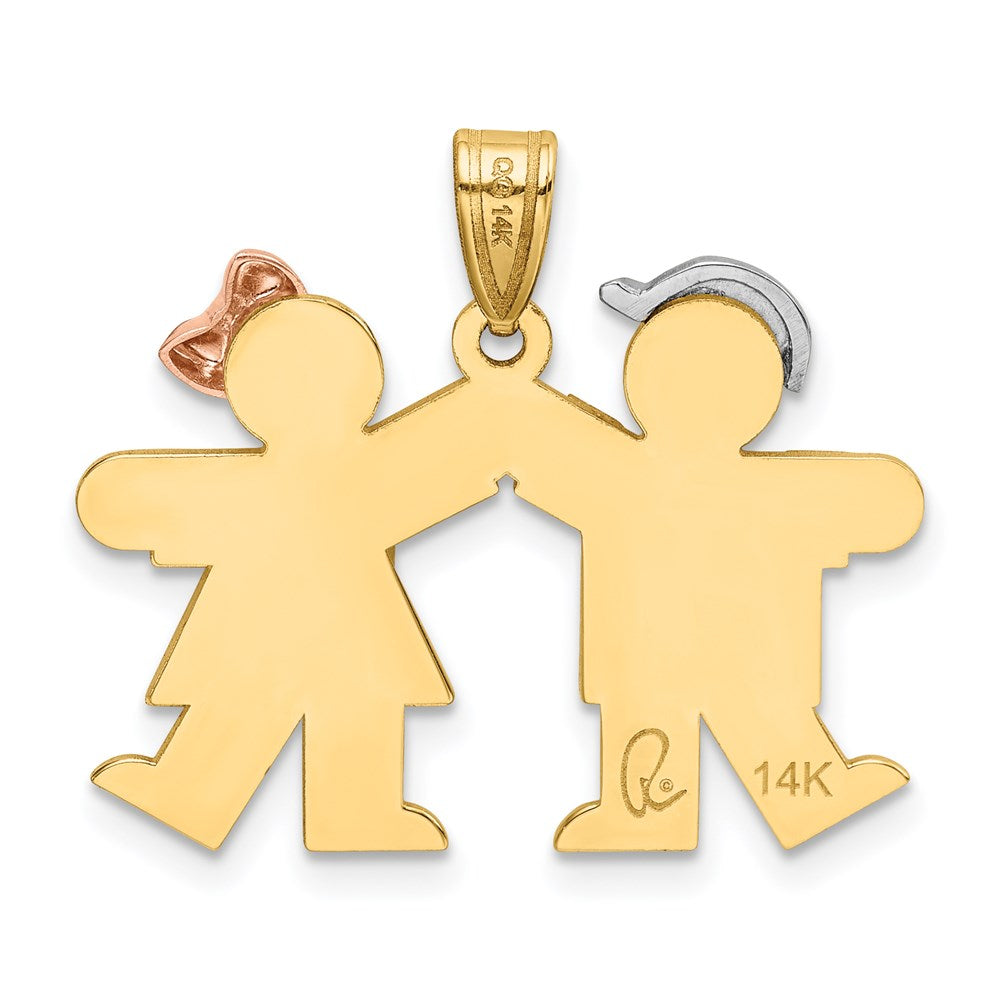 14K Dreifarbgold Charm mit kleinem Jungen links und Mädchen rechts, gravierbar
