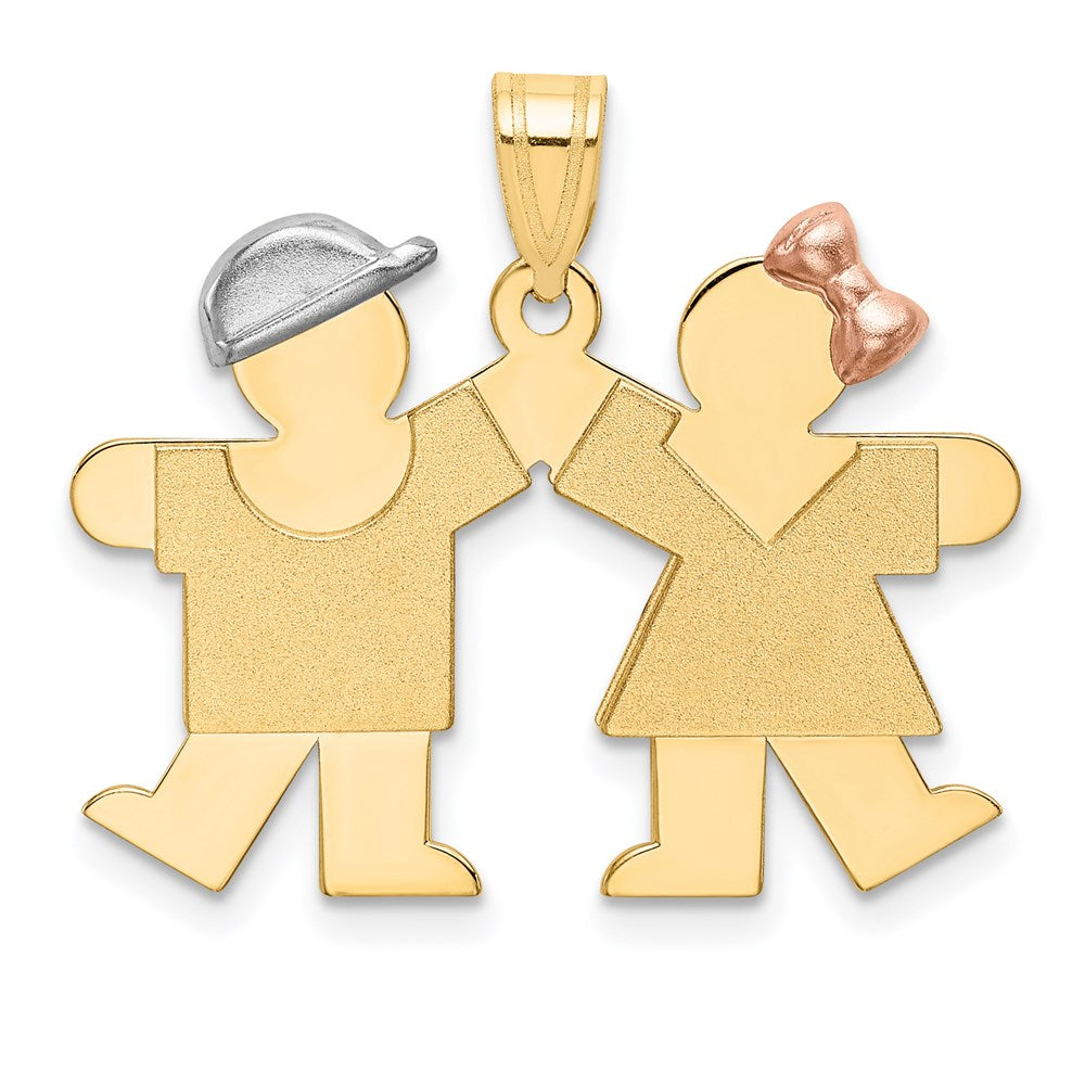 14K Dreifarbgold Charm mit kleinem Jungen links und Mädchen rechts, gravierbar