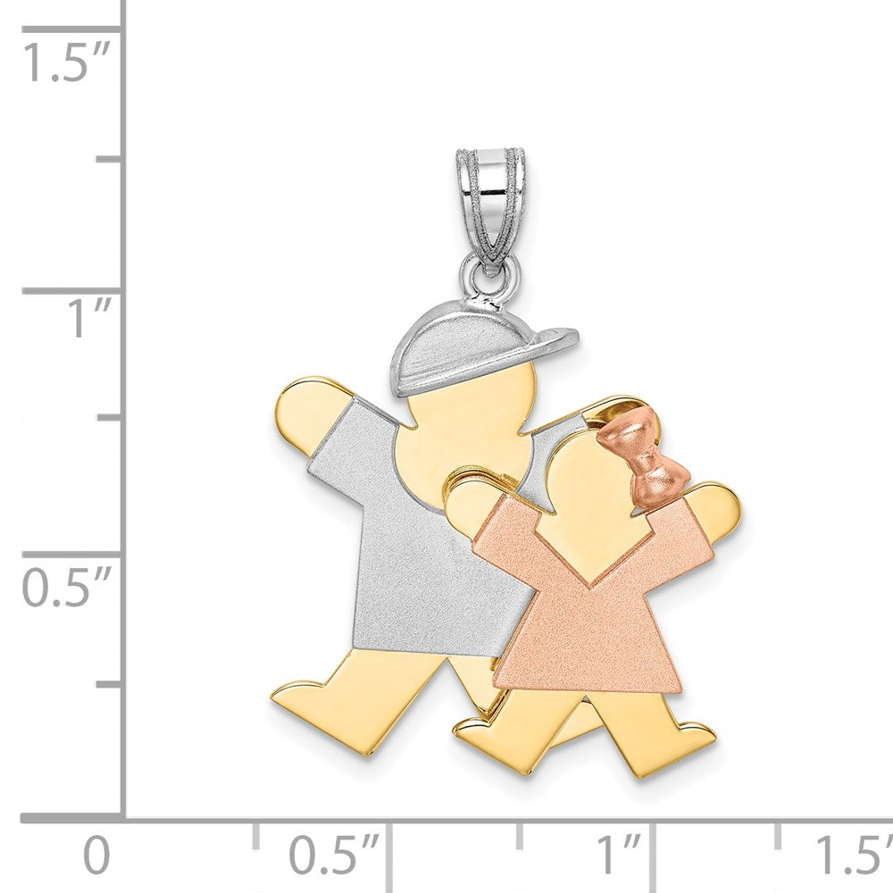 14K Tricolor Gold Gravierbarer Charm „Großer Junge und kleines Mädchen“