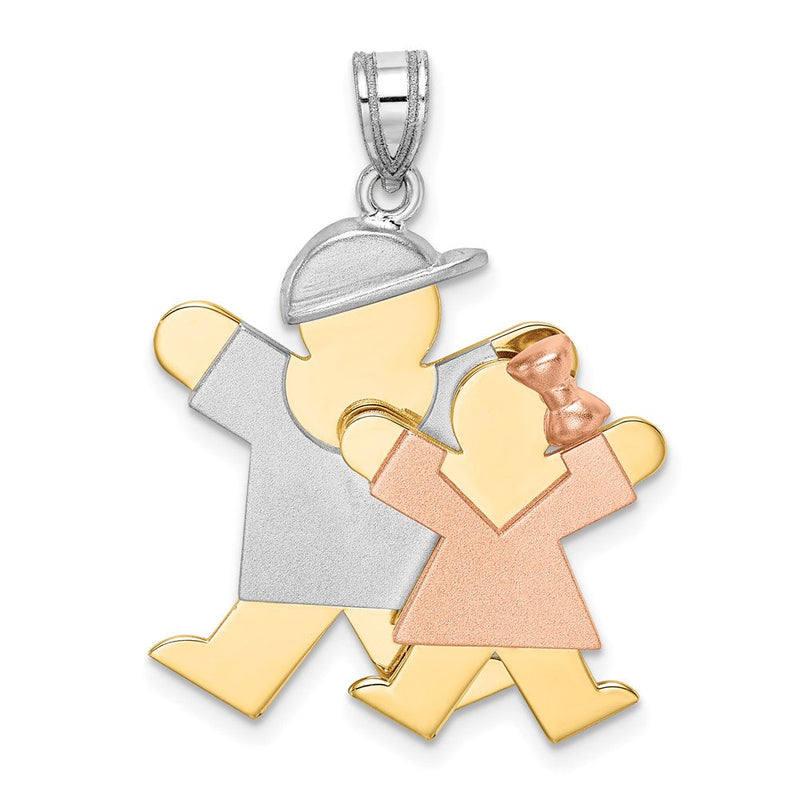14K Tricolor Gold Gravierbarer Charm „Großer Junge und kleines Mädchen“