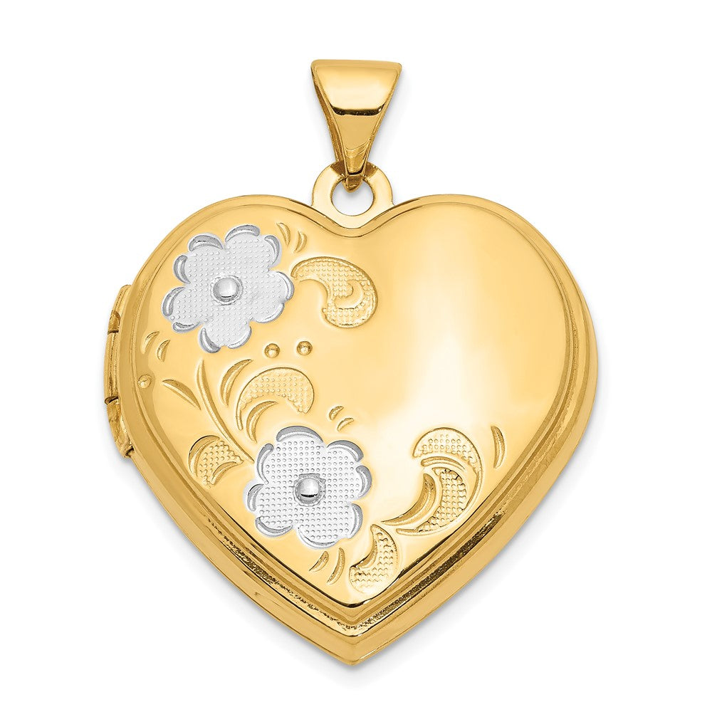 14K Gelb & Rhodium 14ky mit Weiß Rhodium Blumen Herz Medaillon