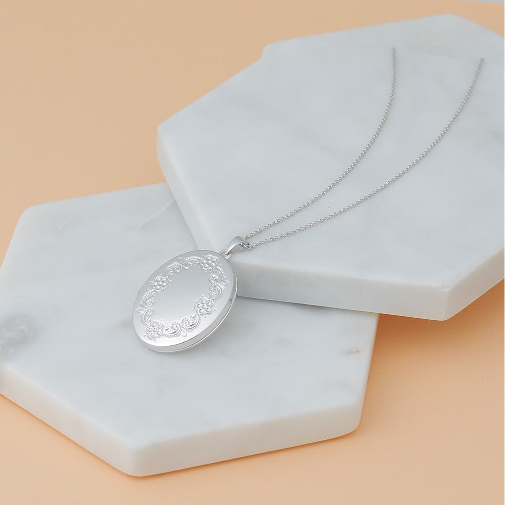 14K Weißgold 14K Weißgold Blumen Oval Medaillon