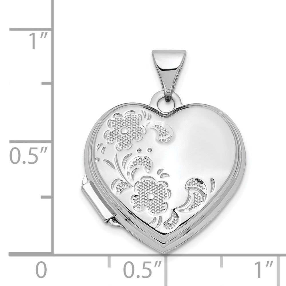 14K Weißgold 14K Weißgold Poliert Strukturiert Blumen Herz Medaillon