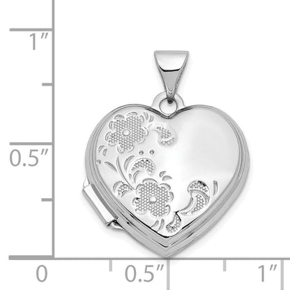 14K Weißgold 14K Weißgold Poliert Strukturiert Blumen Herz Medaillon