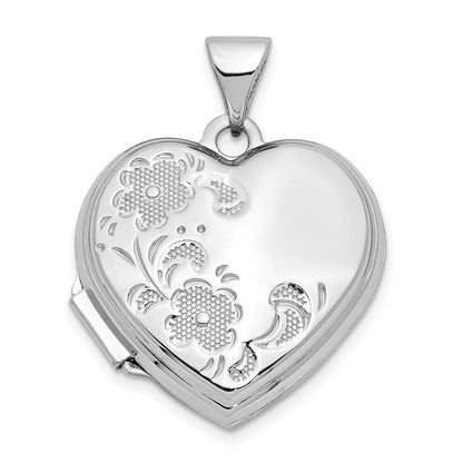 14K Weißgold 14K Weißgold Poliert Strukturiert Blumen Herz Medaillon