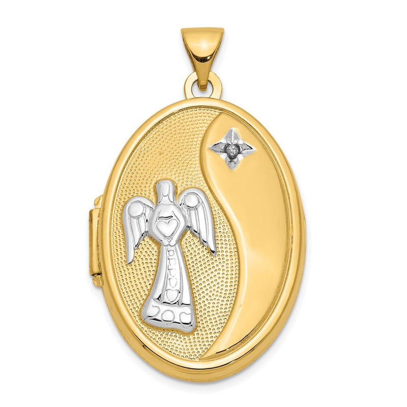 14K Gelb & Rhodium 14ky mit Weiß Rhodium Diamant Schutzengel Engel Oval Familie Medaillon