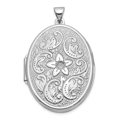 14K Weißgold 14K Weißgold 32mm Oval Blume mit Scrolls Medaillon