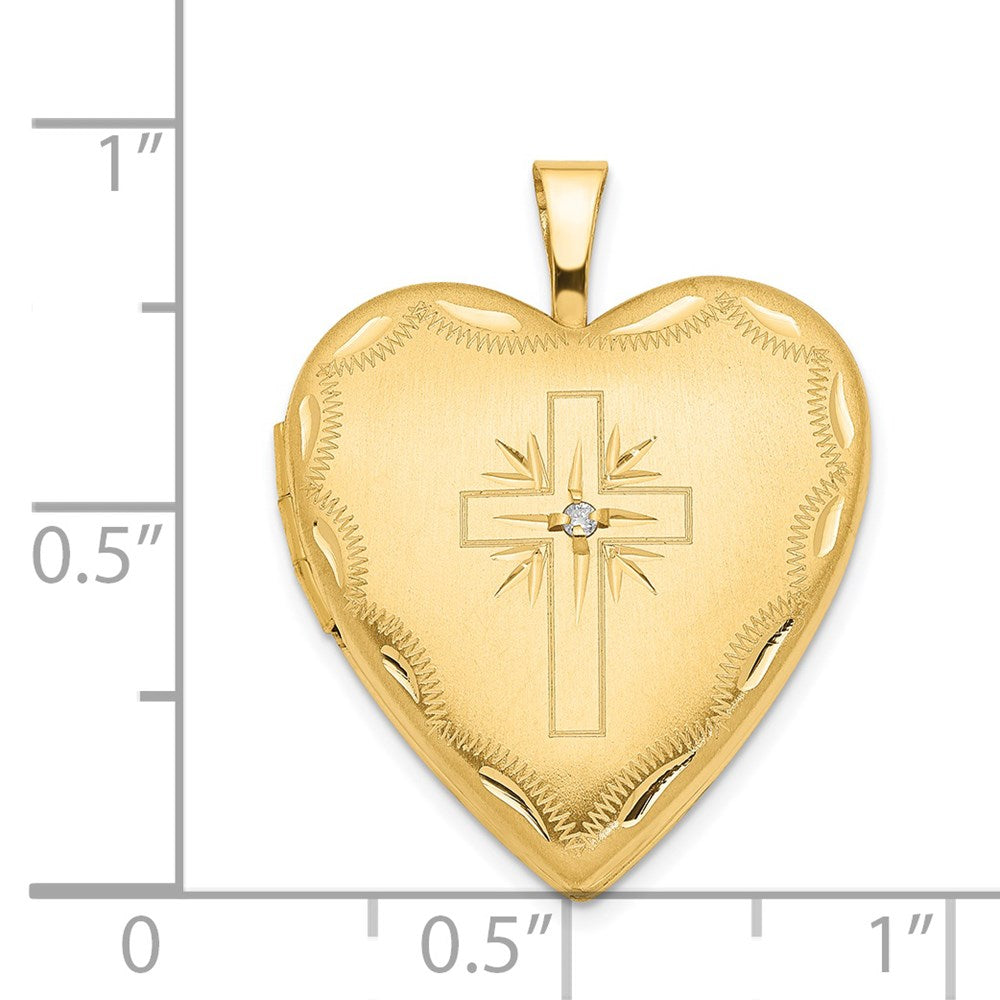 14K Gelbgold 14ky 20mm Diamant Satiniert & Diamantiert Kreuz Herz Medaillon