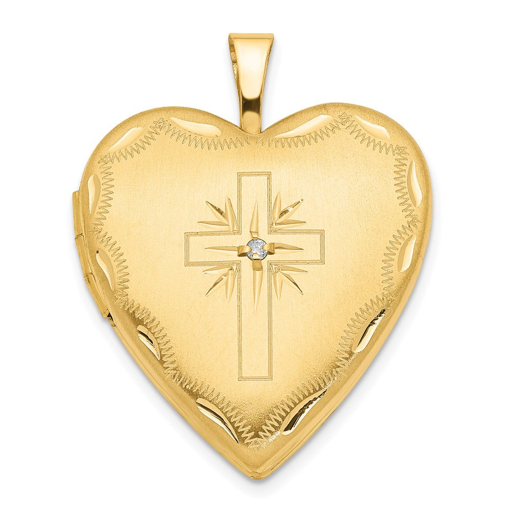 14K Gelbgold 14ky 20mm Diamant Satiniert & Diamantiert Kreuz Herz Medaillon