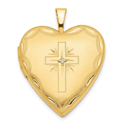 14K Gelbgold 14ky 20mm Diamant Satiniert & Diamantiert Kreuz Herz Medaillon