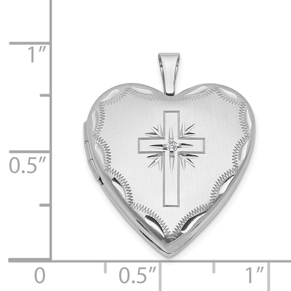 14K Weißgold 20mm Diamant Satiniert & Diamantiert Kreuz Herz Medaillon
