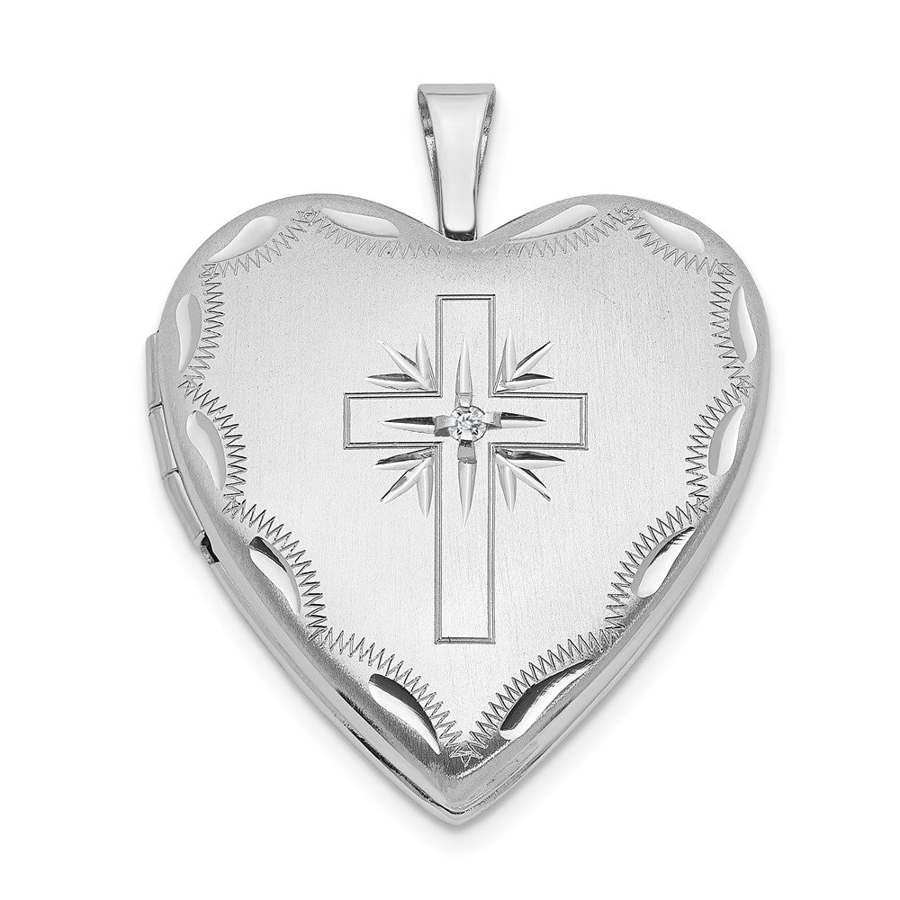 14K Weißgold 20mm Diamant Satiniert & Diamantiert Kreuz Herz Medaillon