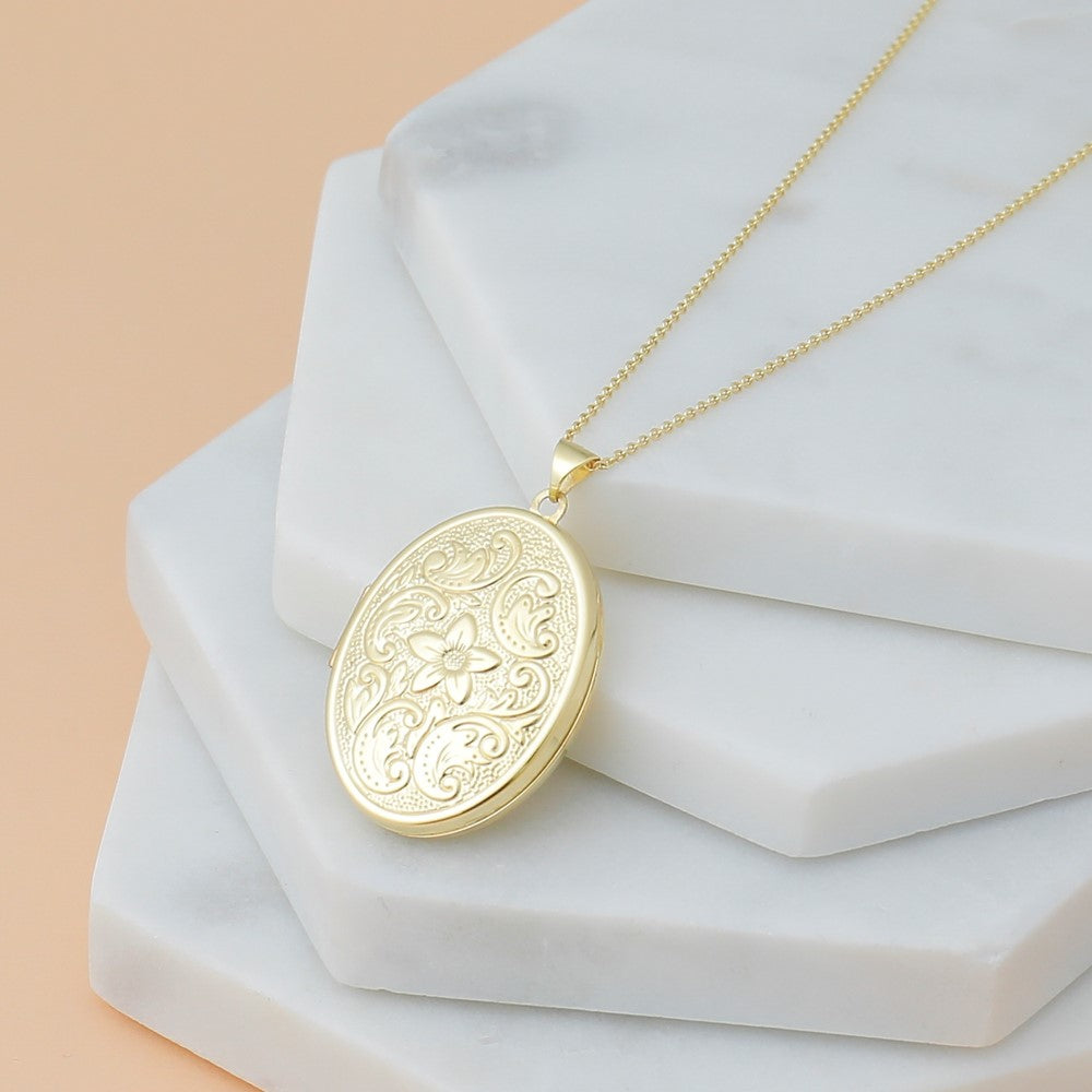 14K Gelbgold 14K 32mm Oval Blume mit Scrolls Medaillon