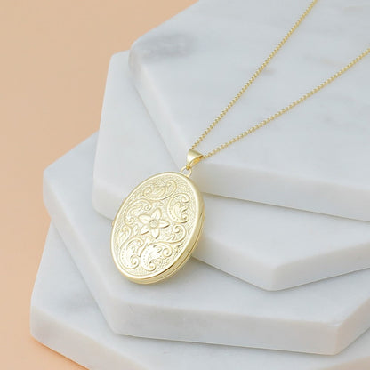 14K Gelbgold 14K 32mm Oval Blume mit Scrolls Medaillon