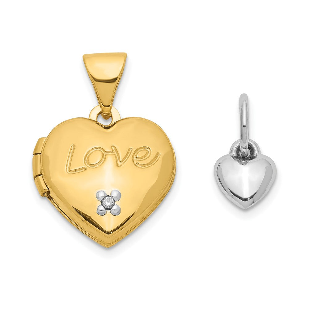 14K Bicolor 14K Zwei-toned 12mm Diamant Liebe mit Herz Charm Herz Medaillon