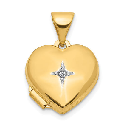 14K Gelbgold 14ky mit Weiß Rhodium 12mm Diamant Herz Medaillon