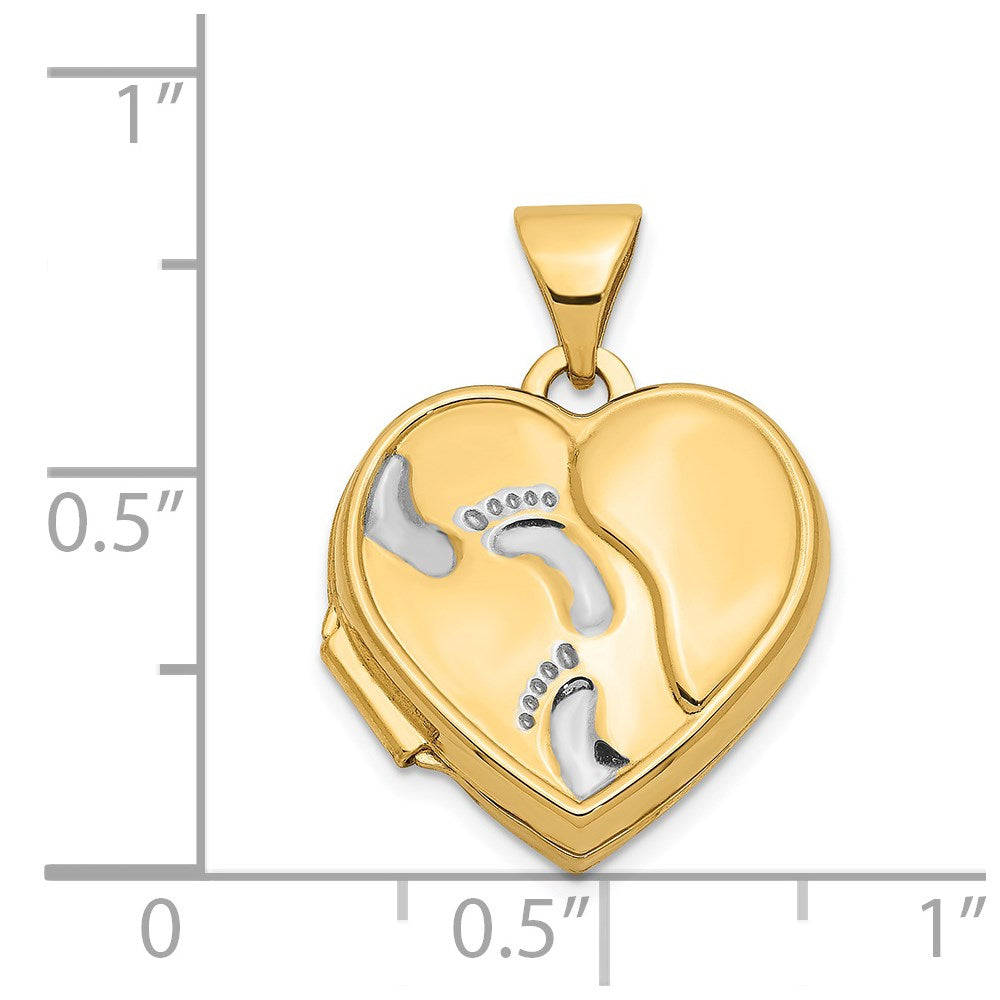 14K Gelb & Rhodium 14ky mit Weiß Rhodium 15mm Herz Foot Prints Medaillon