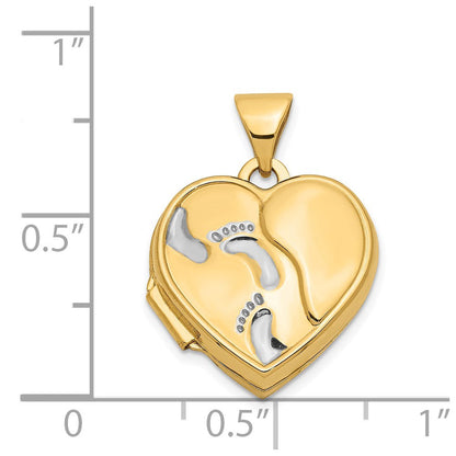 14K Gelb & Rhodium 14ky mit Weiß Rhodium 15mm Herz Foot Prints Medaillon