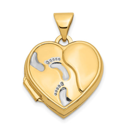 14K Gelb & Rhodium 14ky mit Weiß Rhodium 15mm Herz Foot Prints Medaillon